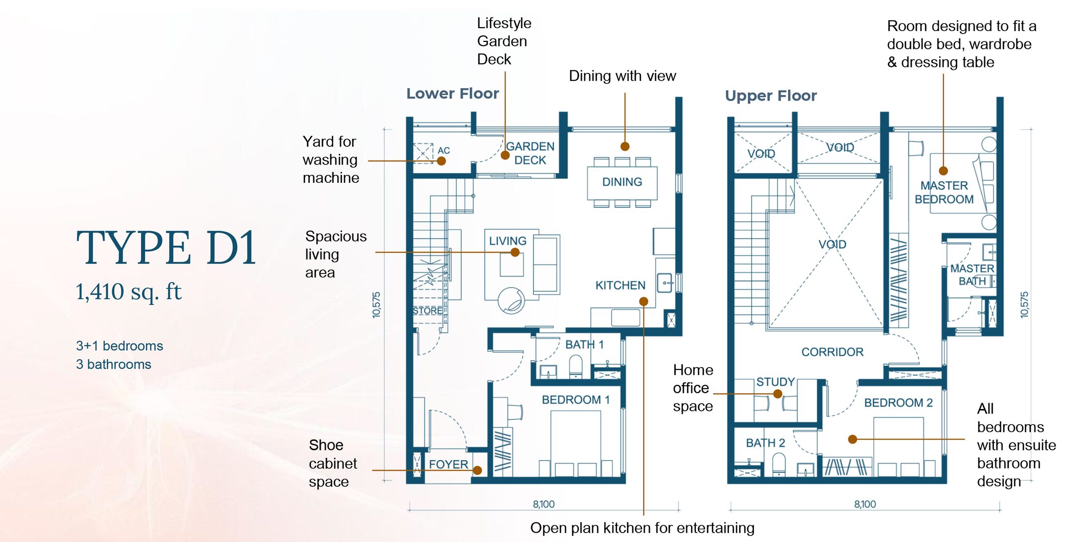 Aricia Residences Type D1 3+1 Sky Duplex floor plan, 1,410 sq ft